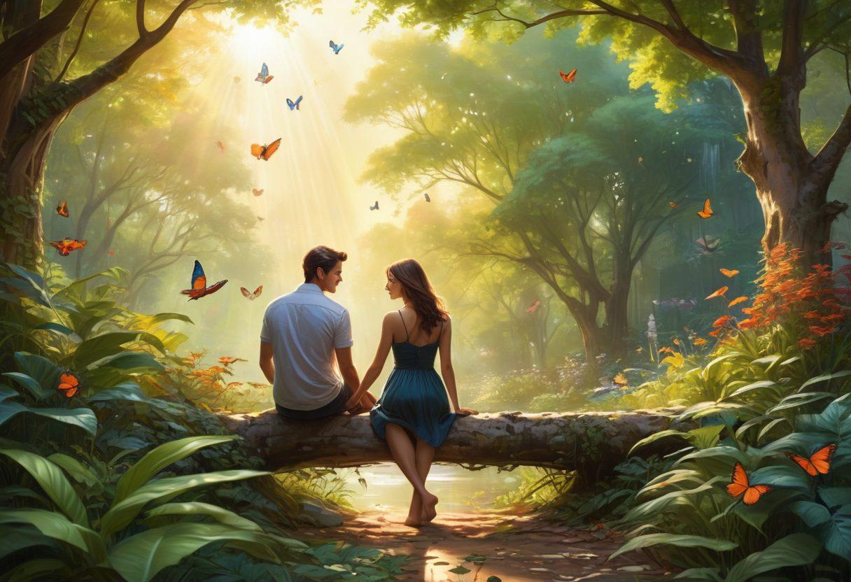 A serene scene depicting a couple sitting together in a vibrant, nature-filled environment, with symbols of freedom like birds and butterflies surrounding them. Their expressions convey deep connection and understanding, while they hold hands and share an intimate gaze. The background blends elements of urban life and nature, illustrating the balance between freedom and closeness. Soft sunlight filters through the leaves above, creating a warm and inviting atmosphere. super-realistic. vibrant colors. natural setting.