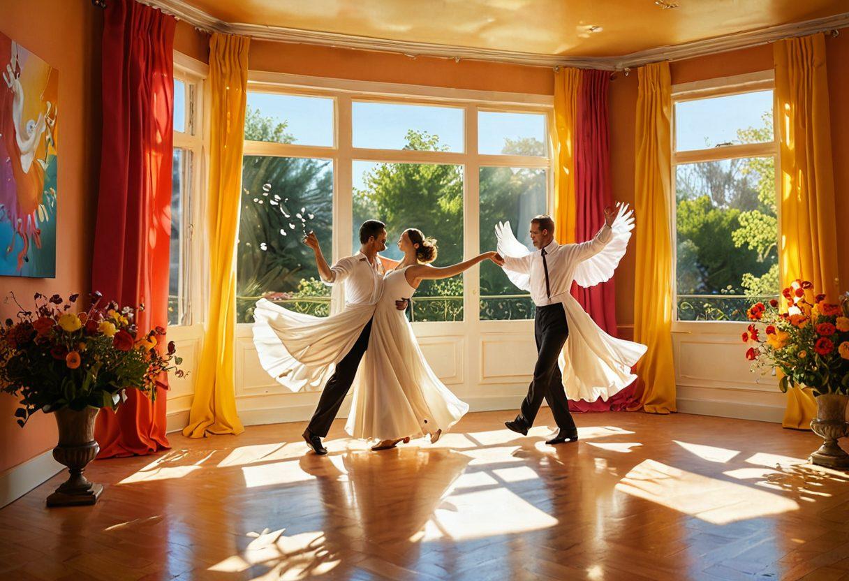 An intimate scene showcasing a couple in a sun-drenched room, engaged in joyful self-expression through dance, vivid colors illuminating their body language. Elements of freedom, such as fluttering curtains or floating doves, signify autonomy and pleasure, with soft shadows creating a warm atmosphere. Artistic details like abstract murals or vibrant flowers in the background enhance the romantic vibe. whimsical style. vibrant colors. warm tones.