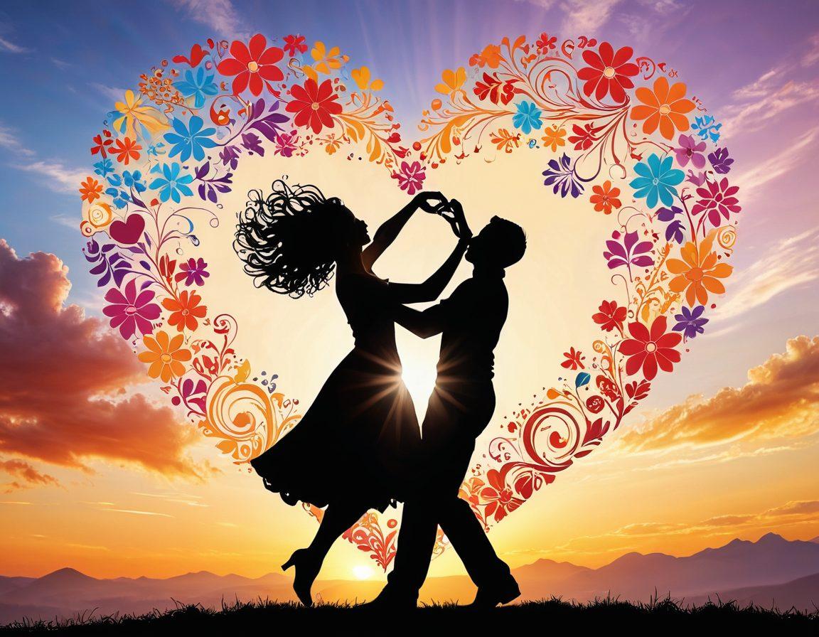 A heart entwined with vibrant floral patterns, representing deep affection, against a backdrop of open skies symbolizing freedom. Include two abstract silhouettes of people dancing joyfully around the heart to depict connection and passion. Use warm colors to evoke emotions, and add subtle light rays illuminating the scene. super-realistic. vibrant colors. soft focus.